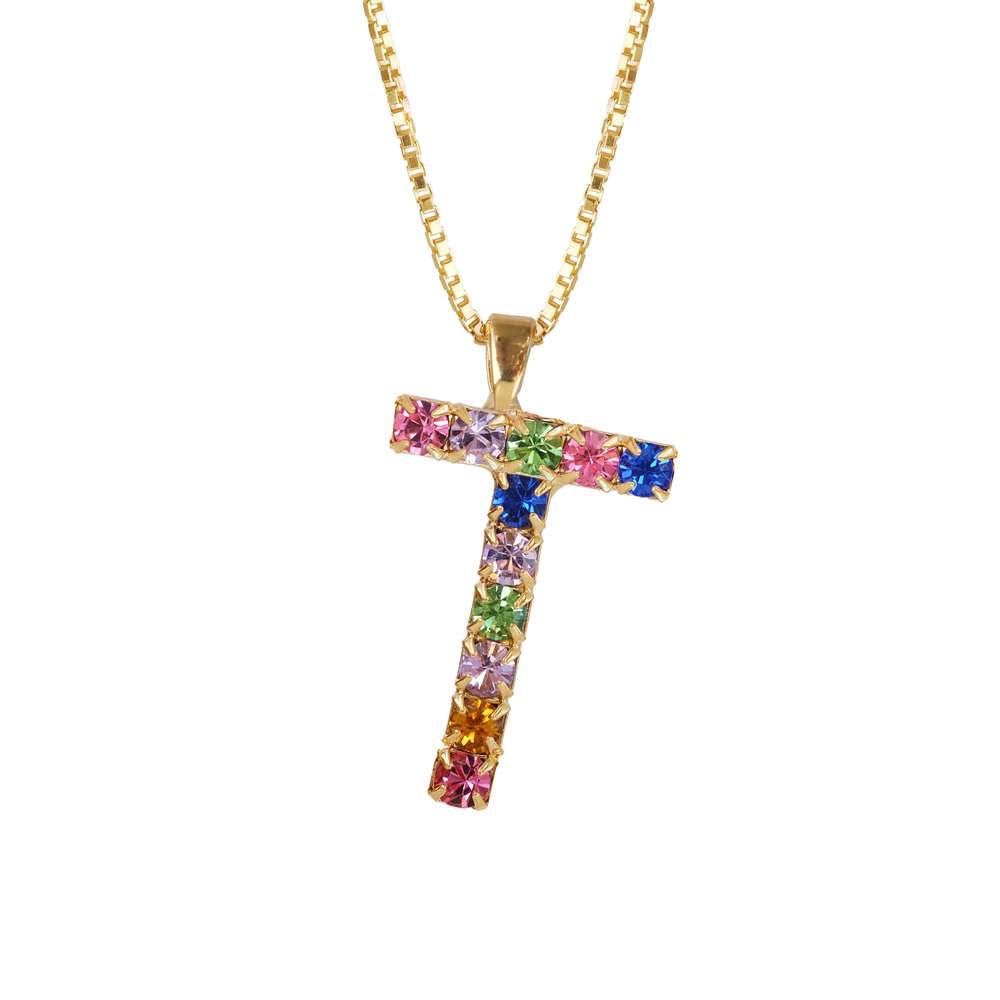 Letter T Necklace Rainbow