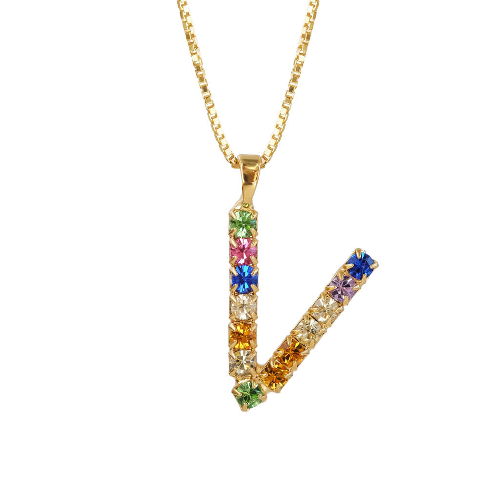 Letter V Necklace Rainbow