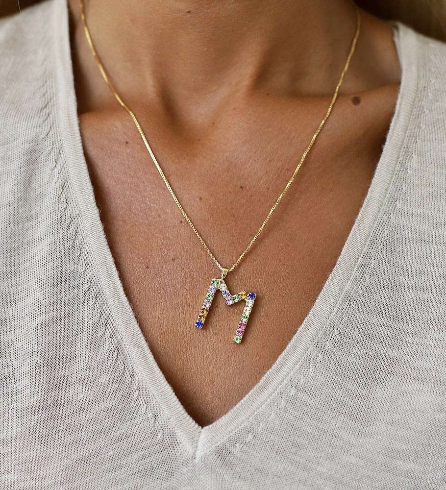 Letter M Necklace Rainbow